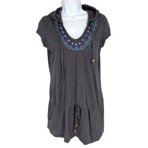 ATHLETA Charcoal Gray Hooded Tunic Top Embroidered Drawstring Dropwaist Size S